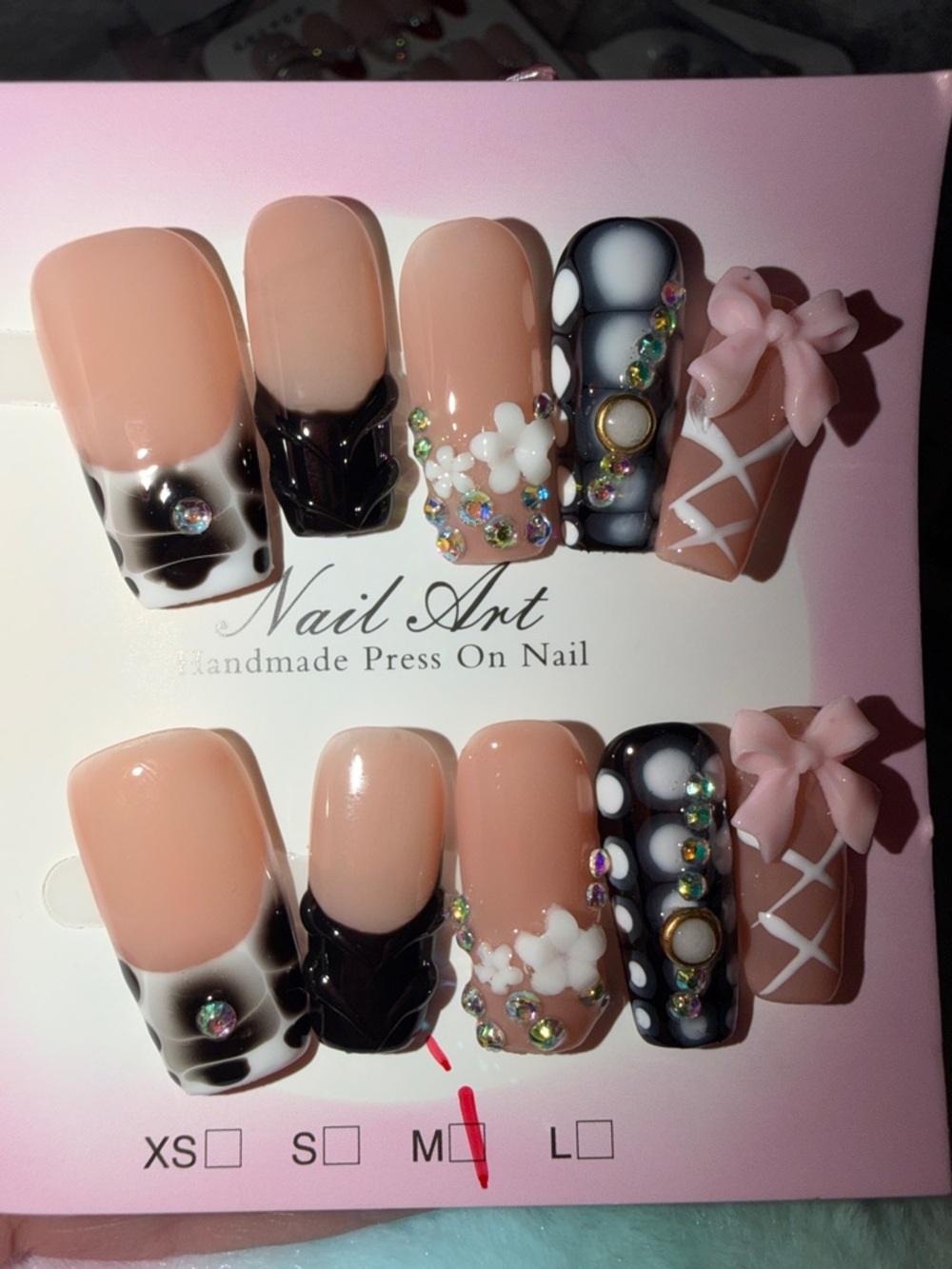 Handmade Press On Nail Set - Nude Pink with Black & White Accents